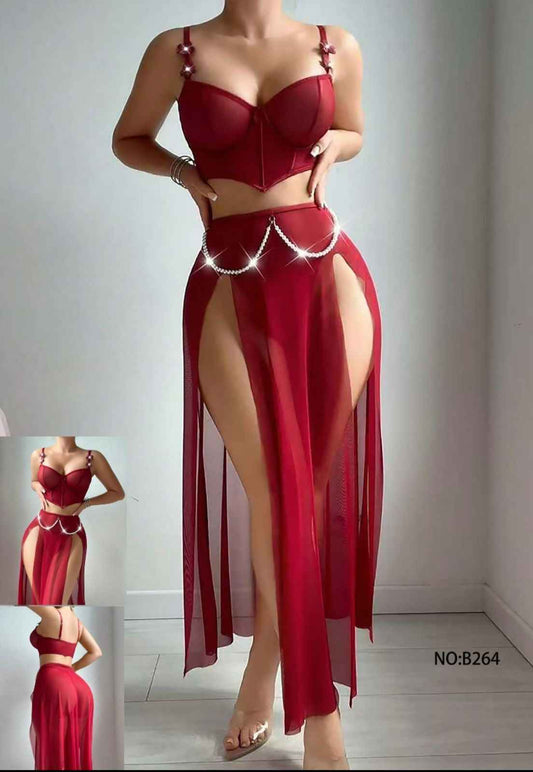 Maroon Two Piece Gown and Corset Set with beads