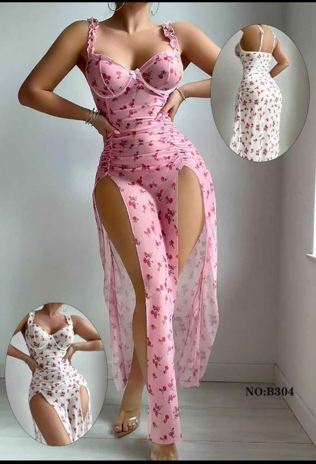 Mini Flower Print Honeymoon Long Slit Gown