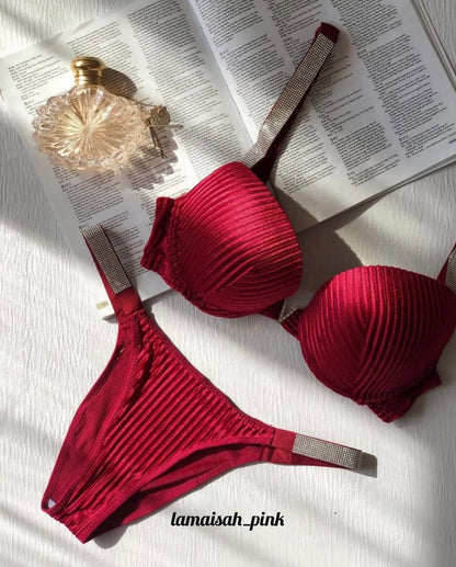 Rhinestone Strap V Bra Set