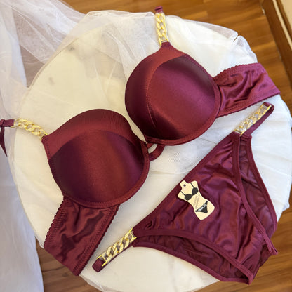 Silky Satin Shoulder Chain Bra set(Single Pad)