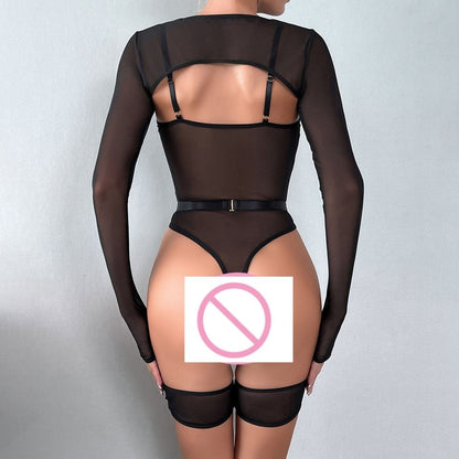 Black High Cut Sheer Mesh Bodysuit Set