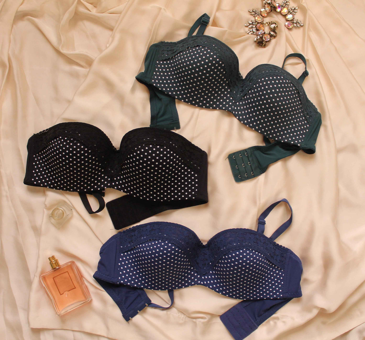 Polka Dots Half Cup Wired Push-up Bra with Removable Straps