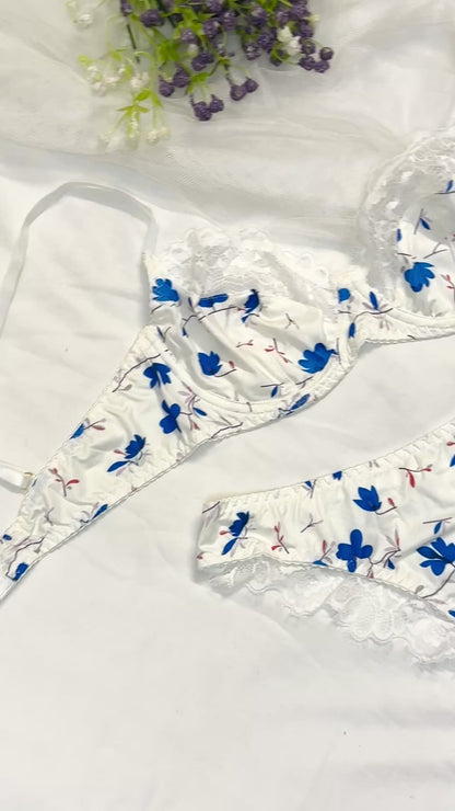 Soft Silky Bra Set(Blue Flowers)